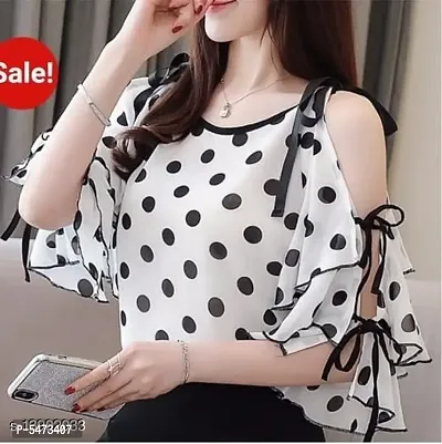 Womens RWT-01019 White Polka Dott Flared Sleeves Cold Shoulder Top-thumb0