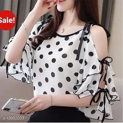 Womens RWT-01019 Polka Dott Flared Sleeves Cold Shoulder Top