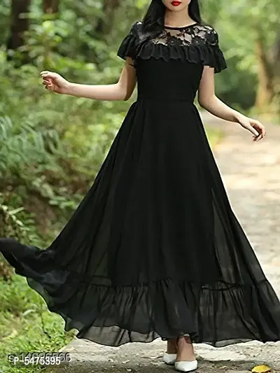 Womens Black Long Dress With Floral Net Yo-thumb0