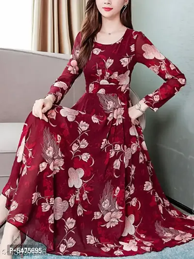 Stylish Georgette Maroon Printed Dress For Women-thumb0