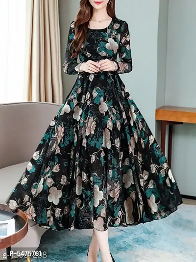 Womens Black Flower Print With Full Sleeve Dress 0107-thumb0