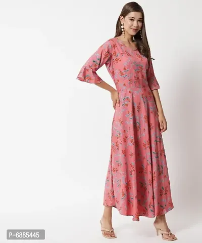 Peach with Primrose print long Dress with Bell Sleeve-thumb0