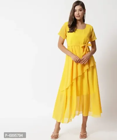 YELLOW FRILL LONG DERSS WITH HALF SLEEVE-thumb0