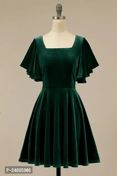 Stylish Velvet Green Solid Dress For Women-thumb0