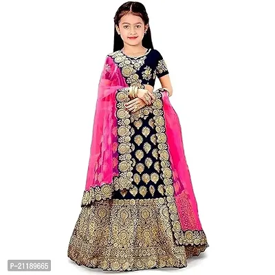 Heaven Blue Fashion Girls' Taffeta Silk Semi-Stitched Lehenga Choli (8-9 Years, Blue1)