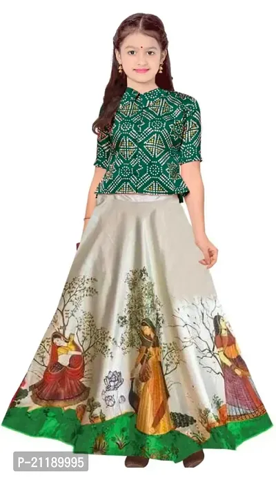 Baby Girl's Satin Silk Bandhani Printed Semi-stitched Ethnic Wear Lehenga Choli (Blouse_Unstitched)-thumb2