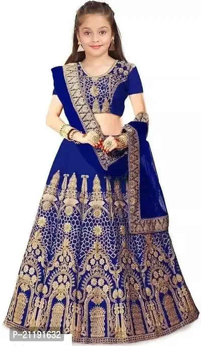 Girls Satin Semi-Stitched Lehenga Choli Set (MPH Traders  Co.) (13-14 Years, Blue-3)