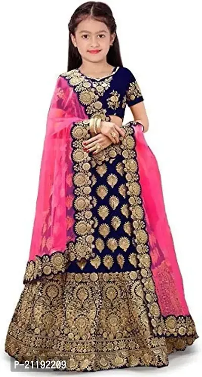 Girls Satin Semi-Stitched Lehenga Choli Set (MPH Traders  Co.) (12-13 Years, Blue)