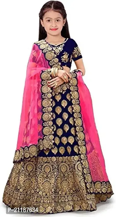 Girl's Raw Silk Semi stitched Lehenga Choli (kd01_Blue_4-5 Years)