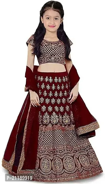 YPS Girls Lehenga Choli with Embroidered Lehenga, Choli and Dupatta Set (Maroon) (6-7 Years)-thumb0