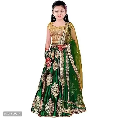 Heaven Blue Fashion Girls' Taffeta Silk Semi-Stitched Lehenga Choli (12-13 Years, Green)-thumb0