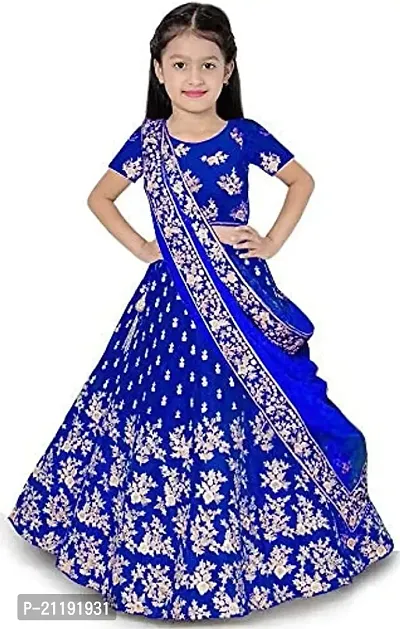 Girls Satin Semi-Stitched Lehenga Choli Set (MPH Traders  Co.) (11-12 Years, R. Blue Doll)
