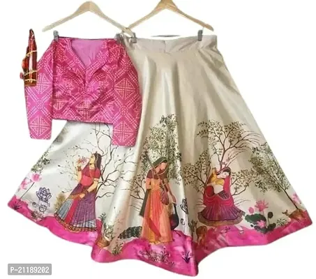 Baby Girl's Satin Silk Bandhani Printed Semi-stitched Ethnic Wear Lehenga Choli (Blouse_Unstitched)-thumb0