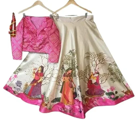 Baby Girl's Satin Silk Bandhani Printed Semi-stitched Ethnic Wear Lehenga Choli (Blouse_Unstitched)