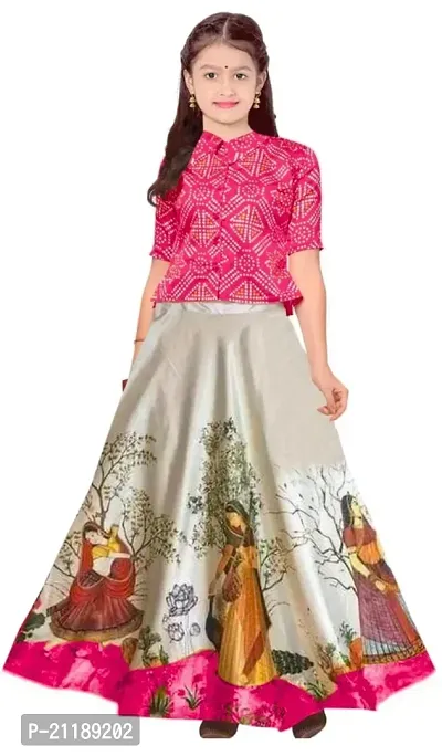 Baby Girl's Satin Silk Bandhani Printed Semi-stitched Ethnic Wear Lehenga Choli (Blouse_Unstitched)-thumb2