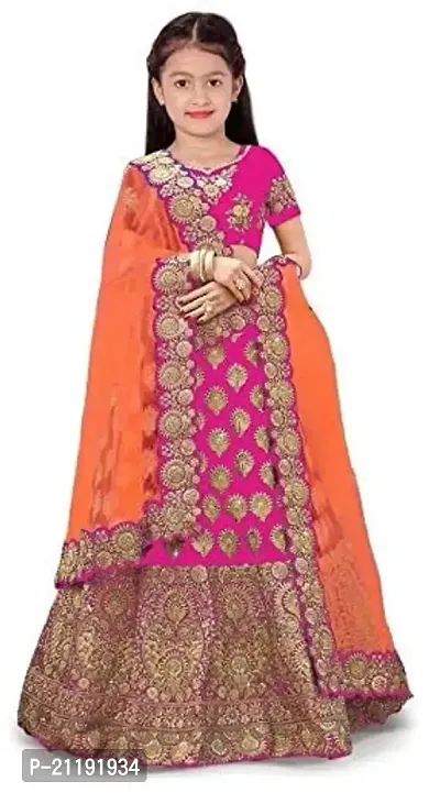 Girls Satin Semi-Stitched Lehenga Choli Set (MPH Traders  Co.) (11-12 Years, Pink)