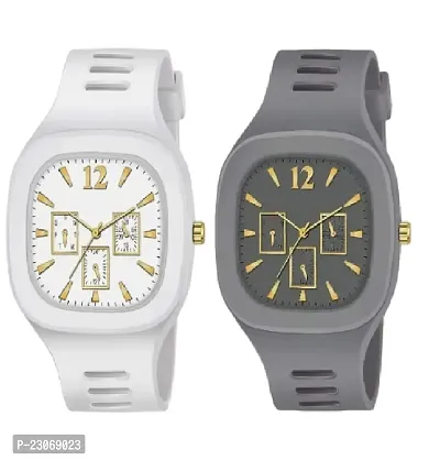 New Combo Of White and Grey Square Dial with Silicone Strap Combo Miller Analog Watch - For Men