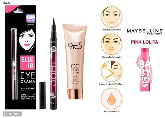 ELLE 18 KAJAL PACK OF 1 WITH NEW 9 TO 5 CC CREAM WITH 36H EYELINER PACK OF 1 WITH PINK LOLITA LIP BALM PACK OF 1