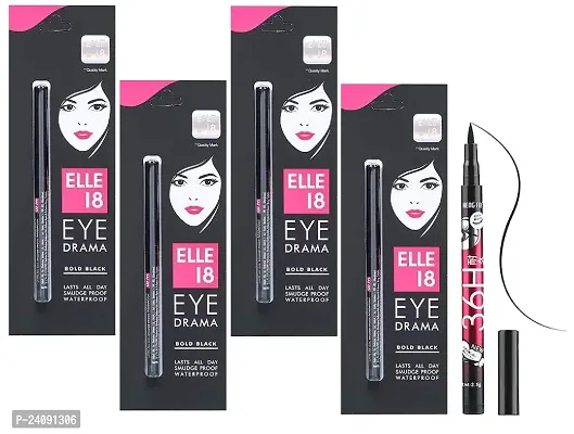 Elle 18 Eye Drama Black Kajal (pack of 4) + 36h eyeliner