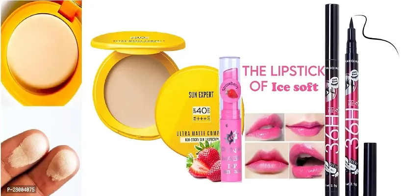 Sun Protection Ultra Matte Yellower Compact + Magic Pink Lip Balm + 36H Eyeliner Waterproof.