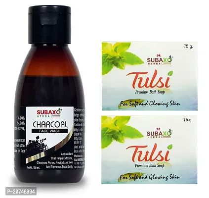 Subaxo Herbal Charcoal Face Wash ,Reduce Tan ,Remove Dead Cells ,Anti Acne ,Glowing Skin (100 ml) AND Herbal Tulsi Face Wash  ,Anti Acne ,Anti Bacterial (Pack Of 2 ,Each 75 g)-thumb0