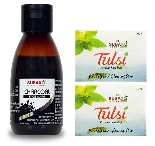 Subaxo Herbal Charcoal Face Wash ,Reduce Tan ,Remove Dead Cells ,Anti Acne ,Glowing Skin (100 ml) AND Herbal Tulsi Face Wash  ,Anti Acne ,Anti Bacterial (Pack Of 2 ,Each 75 g)