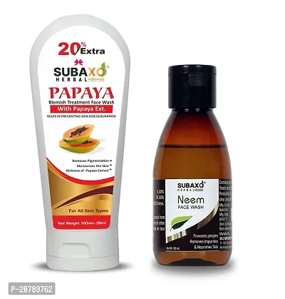 Subaxo Herbal Papaya Face Wash ,Reduce Pigmentation ,Moisturize Skin ,Glycerine Based (120 ml) AND Herbal Neem Face Wash ,Deep Clean ,Anti Acne ,Anti Bacterial (100 ml)