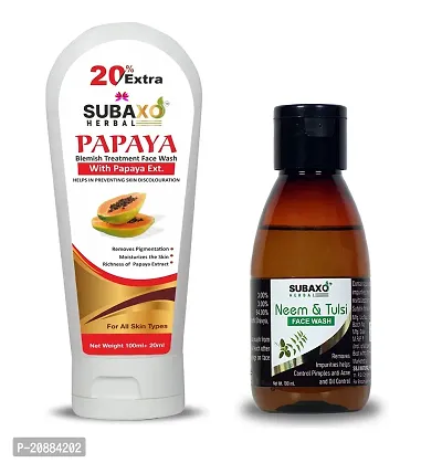 Subaxo Herbal Papaya Face Wash ,Deep Clean ,Moisturize  Nourish Skin ,Glycerine Based (120 ml) AND Herbal Neem  Tulsi Face Wash ,Reduce Blackheads ,Anti Pimple ,Anti Acne ,Oil Control (100 ml)