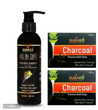 Subaxo Herbal All In One Pure Herb Shampoo ,Anti Dandruff ,Anti Hair Fall (200 ml) AND Herbal Charcoal Bath Soap ,Reduce Tan ,Anti Bacterial (Pack Of 2,Each 100 g)