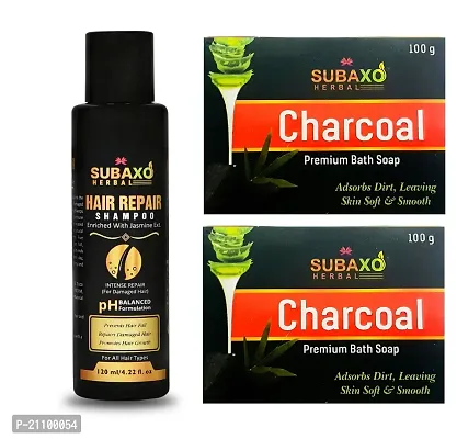 Subaxo Herbal Hair Repair Shampoo ,Repair Damaged Hair ,Anti Hair Fall (120 ml) AND Herbal Charcoal Bath Soap ,Reduce Tan ,Anti Bacterial (Pack Of 2,Each 100 g)