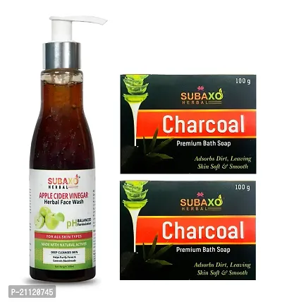 Subaxo Herbal Apple Cider Vinegar Face Wash, Oil Control Face Wash, Skin Glowing Face Wash 200 ml AND Activated Charcoal Bath Soap, Glycerine Soaps 2 Pc, Each 100 ml
