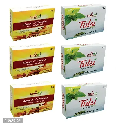 Subaxo Herbal Almond Chandan  Tulsi Beauty Soap |Pour Glycerine Base Soap |6 Pc Each 75 G-thumb0