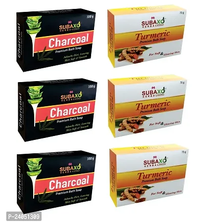 Subaxo Herbal Charcoal Beauty Soap 3 Pc Each 100 G  Turmeric Skin Whitening Soap 3 Pc Each 75 G |Pour Glycerine Soap|-thumb0