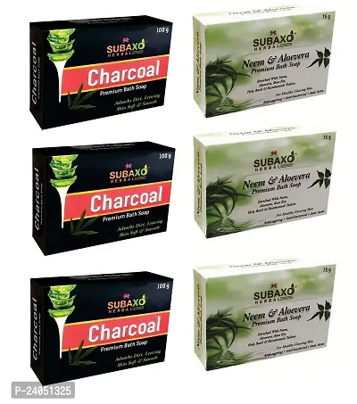 Subaxo Herbal Charcoal Beauty Soap 3 Pc Each 100 G  Neem Aloevera Anti-Aging Soap 3 Pc Each 75 G |Pour Glycerine Soap|