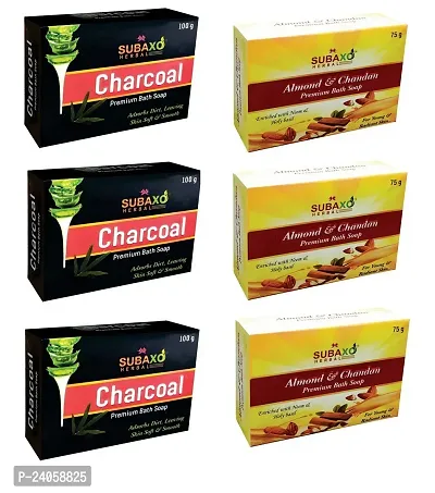 Subaxo Herbal Charcoal Skin Whitening Soap 3 Pc Each 100 G  Almond Chandan Beauty Soap 3 Pc Each 75 G |Glycerine Base Soap|-thumb0