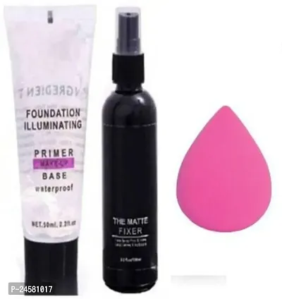Womens  Girls 1 The Matte Fixer Spray and 1 Foundation Illuminating Waterproof Makeup Base Primer 100 ml (Transparent) with 1 Beauty Blender - (Pack of 3)