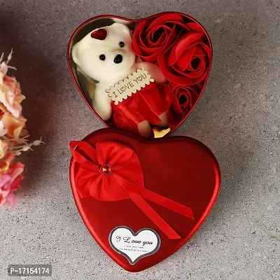 Ferns 'N' Petals Artificial Red Rose  Teddy Bear In Heart Shape Metal Box Combo Of 3(1.00)