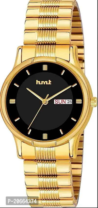 Black Dial Golden Strap Day Date Functional HMT Watch For Mens-thumb0