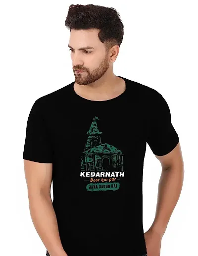 Spritual Image With Devotional Text Graphic Printed Tshirts | Kedarnath Image Printed Hindu Tshirts | Cotton Blend Round Neck Half Sleeve Black T-shirt For Men | Boys Trendy Mahadev Tshirts