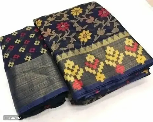 Stylish Navy Blue Cotton Printed Saree With Blouse Piece For Women-thumb0