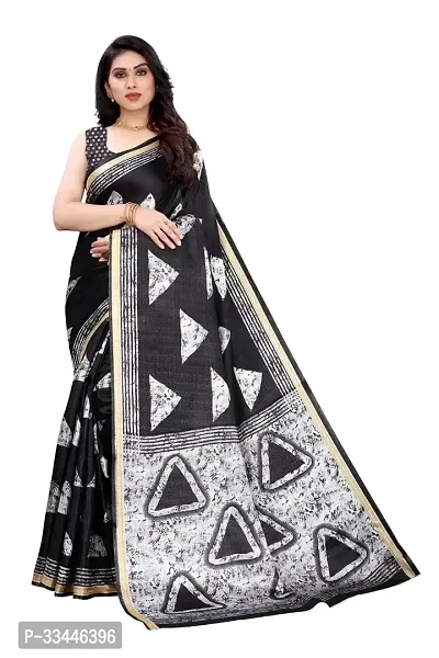 Stylish Black Cotton Printed Saree With Blouse Piece For Women-thumb0