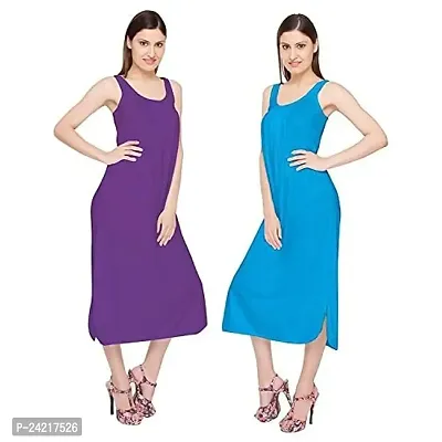 TI AMO Women's Cotton Long Slips Full Length Camisole Combo Set of 2 (Purple/Firozi)
