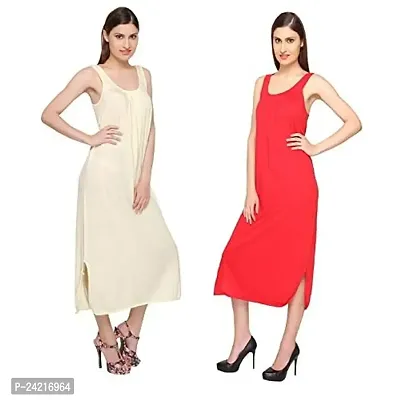 TI AMO Women's Cotton Long Slips Full Length Camisole Combo Set of 2 (Lemon/Red)