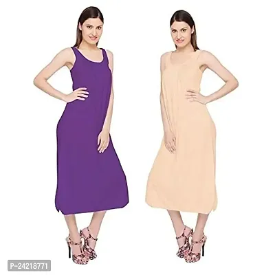 TI AMO Women's Cotton Long Slips Full Length Camisole Combo Set of 2 (Purple/Skin)