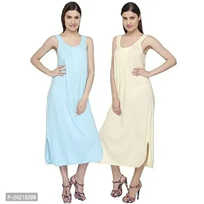 TI AMO Women's Cotton Long Slips Full Length Camisole Combo Set of 2 (Aqua Blue/Lemon Yellow)