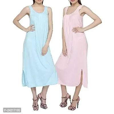 TI AMO Women's Cotton Long Slips Full Length Camisole Combo Set of 2 (Light Pink  Aqua)-thumb0