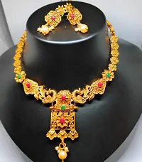 TRINETRI Traditional South Indian Matte Finish Peacock Design Multi Color Stone Necklace Set with Golden Pearls for Women and Girls-thumb1