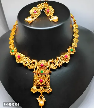 TRINETRI Traditional South Indian Matte Finish Peacock Design Multi Color Stone Necklace Set with Golden Pearls for Women and Girls-thumb2