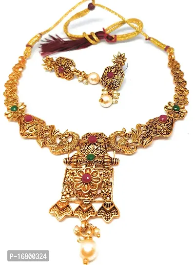 TRINETRI Traditional South Indian Matte Finish Peacock Design Multi Color Stone Necklace Set with Golden Pearls for Women and Girls-thumb3