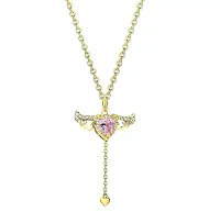 TRINETRI Gold Plated Stainless Steeel Pink Crystal Angel Wing Heart Pendant Westen Necklace For Woman Jewelry Girl Neck Chain Elegant Rhinestone Necklace.-thumb3